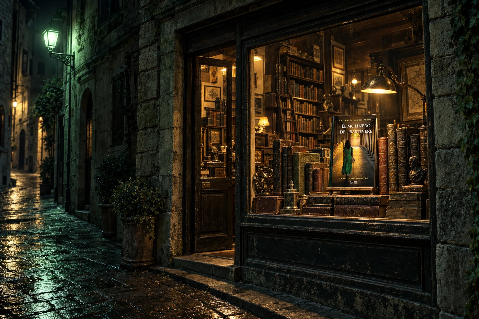 Escena promocional de una librería antigua, con la novela en su escaparate